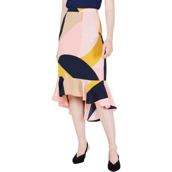 NWT Bar lll Womens Multi Colored Abstract Geo Print Ruffle Hem High Low Skirt 4 - Picture 2 of 11